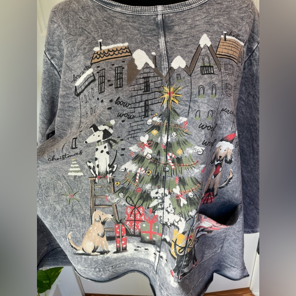 Jess & Jane dogs of Christmas midnight tunic size XL Very cute gray washed,Fun